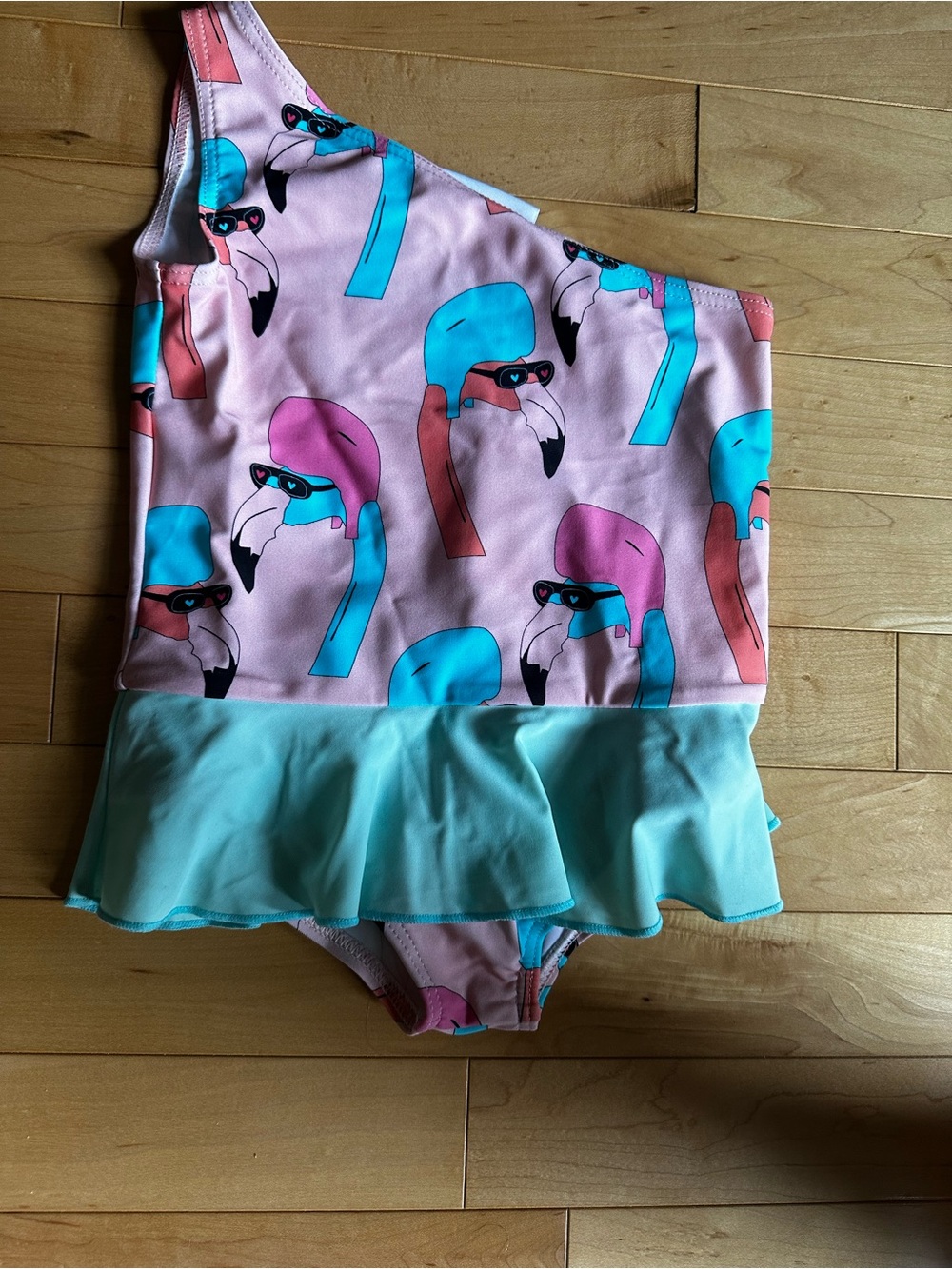 NWT Girls' Pink Flamingo One-Shoulder Ruffle Swimsuit